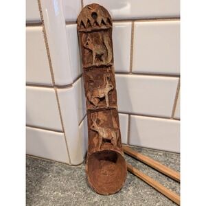 3 Hand Carved Primitive Wooden Spoon with Animal Motif Unique Folk Art Kitchen